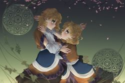 Rule 34 | 2girls, arm warmers, artist name, blonde hair, branch, cherry blossoms, clone, commentary, dress, expressionless, eye contact, from side, gradient background, green background, green eyes, hand on another&#039;s shoulder, highres, imminent hug, layered dress, leaf, looking at another, magic circle, miko embrace, mizuhashi parsee, multiple girls, outstretched arms, parody, plant, pointy ears, short hair, short sleeves, touhou, vines, yuurenkyouko