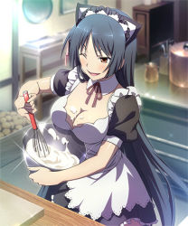 Rule 34 | 1girl, animal ears, apron, artist request, black hair, breasts, cat ears, cleavage, cooking, detached collar, fake animal ears, fudou akio (trinity seven), hair ribbon, indoors, large breasts, long hair, maid, maid apron, maid headdress, mixing bowl, official art, one eye closed, open mouth, orange eyes, ribbon, smile, solo, source request, trinity seven, very long hair, whisk