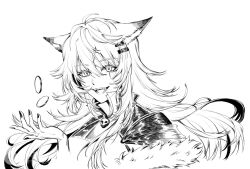 Rule 34 | 1girl, animal ears, antenna hair, arknights, cang canggg, coin, greyscale, hair between eyes, hair ornament, hairclip, hand up, highres, lappland (arknights), long hair, looking at viewer, monochrome, open mouth, portrait, scar, scar across eye, simple background, skull, solo, teeth, white background, wolf ears, wolf girl