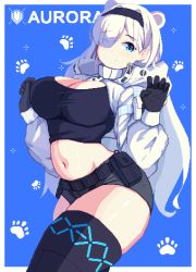 Rule 34 | 1girl, animal ears, arknights, aurora (arknights), aurora (elite ii) (arknights), bear ears, belt, belt pouch, black gloves, black hairband, black shirt, black shorts, black thighhighs, blue background, blue eyes, blush, breasts, cleavage, closed mouth, coat, commentary, cowboy shot, crop top, eyes visible through hair, gloves, hair over one eye, hairband, highres, hood, hood down, hooded coat, large breasts, long hair, looking at viewer, navel, one eye closed, paw print, paw print background, piao mao, pixel art, pouch, shirt, short shorts, shorts, simple background, smile, solo, standing, stomach, taut clothes, thick thighs, thighhighs, thighs, white coat, white hair