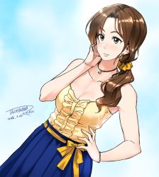 Rule 34 | 1girl, artist name, bare shoulders, blush, bow, bracelet, breasts, brown eyes, brown hair, center frills, cleavage, dated, frills, hand on own cheek, hand on own face, idolmaster, idolmaster cinderella girls, jewelry, kawashima mizuki, long hair, low ponytail, medium breasts, necklace, parted lips, ribbon, scrunchie, shirt, signature, smile, solo, tachibana roku, yellow bow, yellow ribbon, yellow scrunchie, yellow shirt
