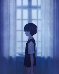Rule 34 | 1boy, black sweater vest, blue theme, cargo shorts, closed mouth, collared shirt, curtains, from behind, indoors, omori, shionty, shirt, short hair, shorts, solo, sunny (omori), sweater vest, white shirt, window
