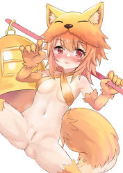 Rule 34 | 1girl, :p, animal ear fluff, animal ears, bare shoulders, bell, blush, bottomless, breasts, brown gloves, brown hair, closed mouth, criss-cross halter, elbow gloves, fake animal ears, fang, fang out, fox ears, fox hat, fox tail, gloves, groin, hair between eyes, halterneck, hands up, highres, holding, long hair, looking at viewer, medium breasts, moonlight flower, navel, nose blush, pussy, ragnarok online, red eyes, simple background, smile, solo, spread legs, tail, tongue, tongue out, uncensored, unname, white background, yellow headwear