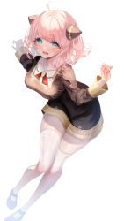 Rule 34 | 1girl, absurdres, aged up, ahoge, anya (spy x family), black dress, black footwear, blue eyes, blush, chiachun0621, commentary, dress, eden academy school uniform, full body, gold trim, hairpods, hands up, highres, looking at viewer, medium hair, open mouth, pink hair, red tie, school uniform, shoes, short hair, simple background, smile, solo, spy x family, thighhighs, w arms, white background, white thighhighs