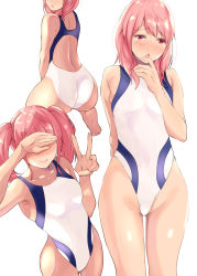 Rule 34 | 1girl, armpits, arms behind back, ass, back, bang dream!, blush, breasts, censored, competition swimsuit, covering own eyes, hair down, highres, identity censor, legs, maruyama aya, medium hair, one-piece swimsuit, open mouth, owafu, peace symbol, pink eyes, pink hair, simple background, small breasts, smile, solo, squatting, standing, sweat, swimsuit, twintails, white background