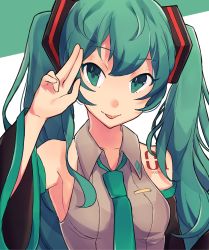Rule 34 | 1girl, :p, bad hands, bad id, bad pixiv id, bare shoulders, closed mouth, collared shirt, green eyes, green hair, green necktie, grey shirt, hair ornament, hand up, hatsune miku, head tilt, highres, long hair, looking at viewer, necktie, number tattoo, salute, shirt, sleeveless, sleeveless shirt, solo, tattoo, tongue, tongue out, twintails, two-tone background, upper body, very long hair, vocaloid, wing collar, yuusei tsukiro