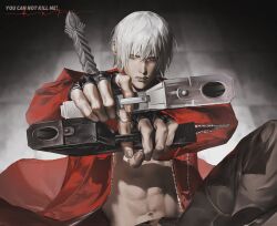 Rule 34 | 1boy, abs, aiming, aiming at viewer, belt bra, bishounen, black gloves, blue eyes, coat, dante (devil may cry), devil may cry, devil may cry (series), devil may cry 3, ebony &amp; ivory, finger on trigger, fingerless gloves, gloves, gun, hair between eyes, handgun, highres, holding, holding gun, holding weapon, looking at viewer, male focus, muscular, muscular male, pointing gun, pointing weapon, qvlv kuzi feichuan, red coat, solo, weapon, white hair