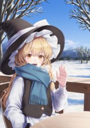 Rule 34 | 1girl, :d, bare tree, black hat, black vest, blonde hair, blue scarf, blue sky, bow, braid, breath, chair, cloud, commentary request, day, enpera, hair between eyes, hair bow, hat, hat bow, highres, kirisame marisa, long hair, long sleeves, looking at viewer, open mouth, outdoors, railing, scarf, shirt, single braid, sky, smile, snow, solo, table, torinari (dtvisu), touhou, tree, upper body, vest, white bow, white shirt, witch hat, yellow eyes