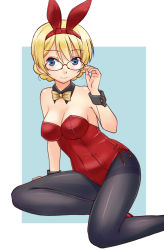Rule 34 | 10s, 1girl, adapted costume, adjusting eyewear, animal ears, arm support, bespectacled, black pantyhose, blonde hair, blue eyes, bow, bowtie, braid, breasts, cleavage, darjeeling (girls und panzer), detached collar, fake animal ears, girls und panzer, glasses, legs, leotard, light smile, looking at viewer, outside border, pantyhose, playboy bunny, rabbit ears, red leotard, short hair, simple background, sitting, smile, solo, thighband pantyhose, thighs, uona telepin, wrist cuffs