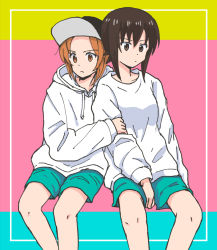 Rule 34 | 2girls, aqua background, aqua shorts, arm grab, baseball cap, black headwear, border, brown eyes, brown hair, casual, closed mouth, commentary, drawstring, frown, girls und panzer, hat, hood, hood down, hoodie, long sleeves, looking at viewer, looking to the side, multicolored background, multiple girls, mutsu (layergreen), nishizumi maho, nishizumi miho, outside border, pink background, shirt, short hair, shorts, siblings, side-by-side, sisters, sitting, white border, white shirt, yellow background