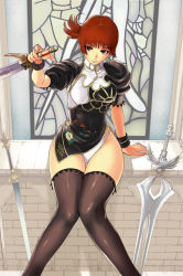Rule 34 | 1girl, black thighhighs, brown eyes, chai xianghua, china dress, chinese clothes, dao (weapon), dress, earrings, hip focus, jewelry, jian (weapon), kamitsuki manmaru, legs, long legs, looking at viewer, official alternate costume, panties, red hair, short hair, sitting, solo, soul calibur, soul calibur (weapon), soulcalibur, soulcalibur ii, sword, thighhighs, thighs, underwear, weapon, white panties, wide hips