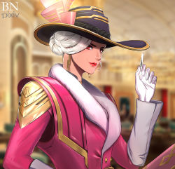 Rule 34 | 1girl, absurdres, ace (playing card), ace of spades, ashe (overwatch), bbuni, blurry, blurry background, card, earrings, fur trim, gloves, hat, hat ornament, highres, holding, holding card, jewelry, lipstick, long sleeves, looking at viewer, makeup, mole, mole above mouth, official alternate costume, overwatch, overwatch 1, playing card, red eyes, short hair, solo, spade (shape), upper body, watermark, white gloves, white hair