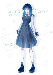 Rule 34 | 1girl, absurdres, arms at sides, black footwear, black ribbon, blue dress, blue eyes, blue hair, blue theme, boots, breasts, closed mouth, collared shirt, dress, envelope, full body, gem, gradient hair, high heels, highres, long hair, long sleeves, looking at viewer, multicolored hair, neck ribbon, original, pinafore dress, platform footwear, ribbon, sabaumako, see-through silhouette, shirt, simple background, sleeveless, sleeveless dress, sleeves past wrists, small breasts, smile, solo, standing, translation request, white background, white shirt