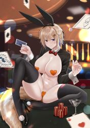 Rule 34 | 1girl, ace (playing card), ace of spades, animal ears, black footwear, black shrug, black thighhighs, blonde hair, blurry, blurry background, bow, bowtie, breasts, cameltoe, card, cleavage, cleft of venus, cocktail glass, commission, cup, deroo, dog ears, dog girl, dog tail, drinking glass, fake animal ears, four of hearts, hair ornament, heart maebari, heart pasties, high heels, large breasts, maebari, meme attire, navel, on table, original, pasties, playing card, poker chip, pom pom (clothes), purple eyes, rabbit ears, red bow, red bowtie, reverse bunnysuit, reverse outfit, short hair, shrug (clothing), sitting, solo, spade (shape), star (symbol), star hair ornament, table, tail, thighhighs