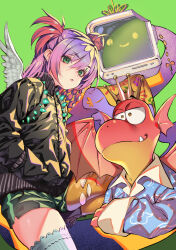 Rule 34 | 1girl, black jacket, creature, crown, dragon, dragon wings, feathered wings, green background, green eyes, hair bun, hair ornament, hands in pockets, highres, jacket, kink (tortoiseshell), long hair, long sleeves, looking at viewer, monitor, multicolored hair, original, pink hair, red hair, short shorts, shorts, simple background, sleepwear, thighhighs, white thighhighs, wings
