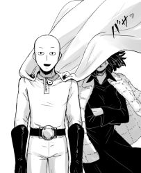 Rule 34 | 1boy, 1girl, anger vein, bald, cape, covering face, crossed arms, fubuki (one-punch man), greyscale, image sample, kuroha ai, monochrome, one-punch man, open mouth, pixiv sample, saitama (one-punch man), short hair, smile