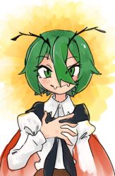 Rule 34 | 1girl, antennae, black cape, blush, cape, closed mouth, collared shirt, commentary request, derivative work, fangs, green hair, hand on own chest, highres, juliet sleeves, kaninocrab, long sleeves, looking at viewer, medium bangs, puffy sleeves, red cape, redrawn, shirt, short hair, skin fangs, smile, solo, touhou, two-sided cape, two-sided fabric, upper body, white shirt, wriggle nightbug