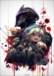 Rule 34 | 1girl, 6+boys, :d, black coat, blood, blood splatter, bondrewd, coat, covered face, creature, flask, green headwear, helmet, k-suwabe, made in abyss, meinya (made in abyss), multiple boys, open mouth, prushka, red eyes, smile, whistle, white hair