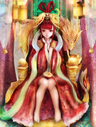 Rule 34 | 1girl, absurdres, barefoot, dragon, empire, finger to mouth, highres, knees together feet apart, long hair, oriental, red hair, shushing, sitting, solo, throne, traditional clothes, zhang xiao bo