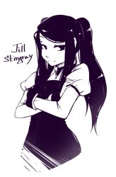 Rule 34 | 1girl, alicerbear, blush, breasts, character name, closed mouth, cropped torso, crossed arms, highres, jill stingray, long hair, long sleeves, looking at viewer, medium breasts, monochrome, puffy short sleeves, puffy sleeves, short sleeves, sidelocks, simple background, smile, solo, twintails, va-11 hall-a, white background