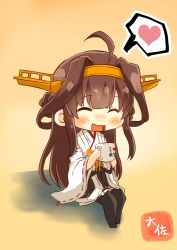 Rule 34 | 1girl, ^ ^, ahoge, artist name, bare shoulders, black skirt, black thighhighs, brown hair, closed eyes, cup, detached sleeves, double bun, hair bun, heart, highres, holding, holding cup, japanese clothes, kantai collection, kongou (kancolle), kongou kai ni (kancolle), long hair, nontraditional miko, open mouth, pleated skirt, ribbon-trimmed sleeves, ribbon trim, skirt, smile, solo, spoken heart, taisa (kari), thighhighs, wide sleeves