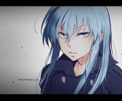 Rule 34 | 1boy, black jacket, commentary request, dated, gradient background, grey eyes, grey hair, jacket, katekyo hitman reborn!, letterboxed, long hair, male focus, portrait, solo, superbi squalo, tianel ent, twitter username, v-shaped eyebrows