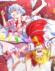 Rule 34 | 2girls, :d, ascot, bare legs, barefoot, blonde hair, bloomers, blue hair, closed eyes, commentary request, crystal, dress, eichi yuu, fangs, flandre scarlet, flat chest, foot on another&#039;s face, gold trim, hand up, happy, highres, holding, holding stuffed toy, lying, multiple girls, no headwear, on back, open mouth, pillow, pink dress, pointy ears, red skirt, red vest, remilia scarlet, short hair, siblings, sisters, skirt, skirt set, sleeping, smile, soles, stuffed animal, stuffed toy, teddy bear, toes, touhou, underwear, vest, wings, yellow ascot