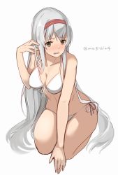 Rule 34 | 1girl, bikini, breasts, brown eyes, cleavage, commentary request, front-tie top, full body, hairband, halterneck, highres, kantai collection, kneeling, large breasts, long hair, mugishima (mugishim4), one-hour drawing challenge, red hairband, shoukaku (kancolle), side-tie bikini bottom, simple background, solo, swimsuit, twitter username, white background, white bikini, white hair