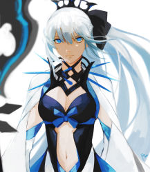 Rule 34 | 1girl, black bow, blue eyes, bow, breasts, capelet, character request, cleavage, cleavage cutout, clothing cutout, fate/grand order, fate (series), hair bow, hair ornament, halterneck, highres, lips, long hair, looking at viewer, moedredd, morgan le fay (fate), navel, ponytail, solo, stomach cutout, white hair