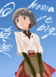 Rule 34 | 1girl, black eyes, black hair, blue sky, gradient background, homare (homaredai), inagaki mami, japanese clothes, one-hour drawing challenge, red skirt, skirt, sky, solo, strike witches, twitter username, world witches series