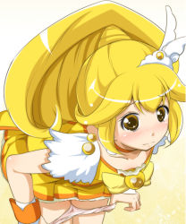 Rule 34 | 10s, 1girl, bent over, blonde hair, blush, bow, cure peace, hair flaps, kise yayoi, long hair, multiple girls, panties, panty pull, precure, sch, skirt, smile precure!, solo, tears, underwear, yellow bow, yellow eyes, yellow skirt, yellow theme