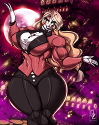 Rule 34 | 1girl, absurdres, blonde hair, blush stickers, breasts, charlie morningstar, colored sclera, colored skin, curvy, female focus, hazbin hotel, highres, large breasts, long hair, muscular, muscular female, osmar-shotgun, solo, thick thighs, thighs, white skin, wide hips, yellow sclera
