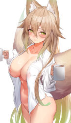 Rule 34 | 1girl, absurdres, animal ear fluff, animal ears, areola slip, blush, breast pocket, breasts, brown hair, cleavage, closed mouth, coffee mug, collarbone, commission, convenient censoring, cowboy shot, cup, dress shirt, fox ears, fox girl, gradient hair, green hair, hair between eyes, highres, holding, holding cup, large breasts, long hair, long sleeves, looking at viewer, mug, multicolored hair, multiple tails, naked shirt, navel, no bra, no panties, open clothes, open shirt, original, pocket, raag jp, shirt, skeb commission, slit pupils, smile, solo, tail, two tails, very long hair, white shirt, yellow eyes