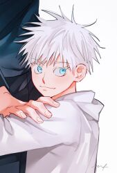 Rule 34 | 2boys, aged down, blue hair, child, closed mouth, colored eyelashes, commentary request, fingernails, gojou satoru, hand on another&#039;s arm, jujutsu kaisen, korean commentary, long sleeves, male focus, multiple boys, out of frame, roda, short hair, sideways glance, signature, simple background, solo focus, upper body, white background, white hair