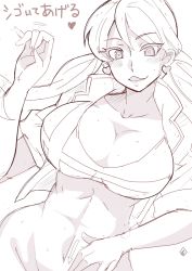Rule 34 | 1girl, aoi manabu, bikini, breasts, cropped jacket, earrings, gundam, gundam tekketsu no orphans, hand gesture, heart, heart-shaped pupils, heart earrings, jewelry, lafter frankland, large breasts, monochrome, sexually suggestive, simple background, sketch, smile, solo, swimsuit, symbol-shaped pupils, white background
