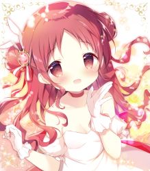 Rule 34 | 1girl, :d, blush, breasts, brown eyes, cleavage, commentary request, detached sleeves, double bun, dress, forehead, gloves, gochuumon wa usagi desu ka?, hair bun, hands up, long hair, looking at viewer, natsu megumi, open mouth, parted bangs, puffy short sleeves, puffy sleeves, red hair, shiratama (shiratamaco), short sleeves, sidelocks, signature, small breasts, smile, solo, strapless, strapless dress, upper body, white dress, white gloves, white sleeves