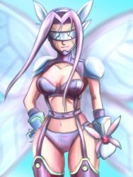 Rule 34 | 1girl, absurdres, breasts, butterfly wings, covered eyes, curvy, digimon, digimon frontier, fairimon, fairy, fairy wings, garter straps, gloves, highres, insect wings, mask, navel, revealing clothes, solo, thighhighs, thong, wide hips, wings