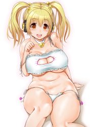 Rule 34 | 1girl, absurdres, bare shoulders, blonde hair, blush, bra, breasts, cleavage, cleavage cutout, clothing cutout, ganari ryuu, headphones, highres, large breasts, looking at viewer, meme attire, nitroplus, open mouth, orange eyes, panties, plump, sitting, smile, solo, string panties, super pochaco, thick thighs, thighs, twintails, underboob, underwear, waifu2x, wide hips
