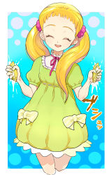 Rule 34 | 00s, 1girl, blonde hair, clenched hands, dress, closed eyes, food, fruit, hair ornament, kasugano urara (yes! precure 5), lemon, long hair, moudoku (decopon3rd), open mouth, precure, ribbon, simple background, smile, solo, sound effects, squeezing, standing, twintails, yes! precure 5