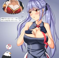 Rule 34 | 2girls, azur lane, bare shoulders, bird, blue dress, blue hair, blush, breast conscious, breasts, brown eyes, cleavage, collarbone, commentary request, dress, eagle, essex (azur lane), large breasts, long hair, multiple girls, pixiv, red dress, taihou (azur lane), tomohiro (duo), translation request, twintails, very long hair