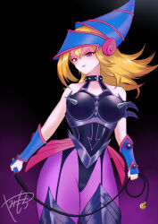 bare_shoulders black_background blonde_hair blue_hat bondage_outfit breasts choker collar dark_magician_girl fingerless_gloves gloves hat large_breasts long_hair looking_at_viewer magical_girl purple_background red_eyes spiked_choker spiked_collar spikes thighhighs two-tone_background whip witch_hat yu-gi-oh!