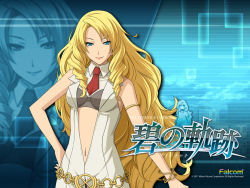 Rule 34 | 10s, 1girl, 2011, ao no kiseki, belt, blonde hair, blue background, blue eyes, bracelet, center opening, company name, copyright name, eiyuu densetsu, enami katsumi, falcom, hand on own hip, ilya platiere, jewelry, long hair, lots of jewelry, naughty face, navel, necktie, official art, seductive smile, smile, solo, zoom layer