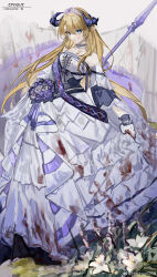 Rule 34 | 1girl, a chxoblc, absurdres, arknights, blonde hair, blood, blood on clothes, blue eyes, blue flower, bouquet, chinese commentary, clothes lift, commentary request, dragon girl, dragon horns, dress, feet out of frame, flag, flower, grey background, highres, holding, holding bouquet, holding flag, horns, long hair, mixed-language commentary, off-shoulder dress, off shoulder, official alternate costume, saileach (appreciate fragrance) (arknights), saileach (arknights), sash, simple background, skirt, skirt lift, solo, very long hair, weibo watermark, white dress, white flower