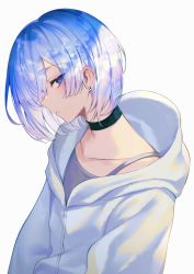 Rule 34 | 1girl, achiki, blue eyes, blue hair, blush, choker, earrings, flat chest, from side, highres, jacket, jewelry, looking at viewer, mole, mole under eye, open mouth, short hair, simple background, solo, upper body, white background