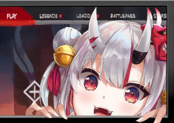 Rule 34 | 1girl, apex legends, bell, blurry, blurry background, blush, fourth wall, hair between eyes, highres, hololive, horns, konkito, looking at viewer, mask, nakiri ayame, nakiri ayame (1st costume), oni mask, open mouth, peeking out, red eyes, skin-covered horns, solo, user interface, virtual youtuber