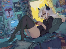 Rule 34 | 1girl, action figure, akira (manga), bandage on face, bandages, bed, bedroom, black hoodie, black thighhighs, book, castlevania: symphony of the night, castlevania (series), commission, computer, controller, cutesexyrobutts, demon girl, demon horns, demon tail, doorway, game cartridge, game console, game controller, grin, handheld game console, highres, hood, hoodie, horns, long hair, lying, magazine (object), monitor, nintendo 64, nintendo ds, no pants, on back, original, otaku room, pillow, poster (medium), poster (object), scarf, sharp teeth, smile, tail, tamagotchi, teeth, television, thighhighs, thighs, white hair
