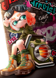 Rule 34 | 1girl, absurdres, bike shorts, black shorts, blunt bangs, brown footwear, camouflage, camouflage jacket, closed mouth, commentary, cross-laced footwear, earrings, english commentary, explosher (splatoon), from below, goggles, goggles on head, graffiti, green eyes, green jacket, green socks, high tops, highres, inkling, inkling (language), inkling girl, inkling player character, jacket, jewelry, logo, long sleeves, looking at viewer, myon rio, nintendo, orange hair, pointy ears, ring, shoes, short hair, shorts, single vertical stripe, sitting, smile, sneakers, socks, solo, splatoon (series), splatoon 2, stud earrings, tentacle hair, zipper