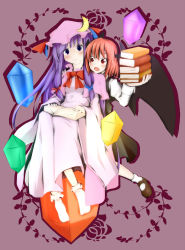 Rule 34 | 2girls, :&lt;, :o, bat wings, black skirt, black vest, blouse, blue bow, blue ribbon, blush, book, book on lap, book stack, bow, bowtie, brown footwear, capelet, commentary request, crescent, crescent hat ornament, crystal, dress, dress shirt, drop shadow, fang, flower, full body, hair bow, hair ribbon, hat, hat bow, hat ornament, head tilt, head wings, highres, holding, holding book, juliet sleeves, koakuma, kuroneko (kuroi-neko), loafers, long sleeves, looking at another, looking at viewer, mob cap, multiple girls, no shoes, open book, open mouth, patchouli knowledge, puffy sleeves, purple background, purple capelet, purple dress, purple eyes, purple hair, red bow, red bowtie, red ribbon, ribbon, rose, shirt, shoes, simple background, sitting, skirt, skirt set, socks, touhou, tress ribbon, vest, white legwear, white shirt, wings