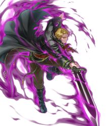 Rule 34 | 1boy, attack, aura, blonde hair, dark aura, fire emblem, fire emblem: the blazing blade, fire emblem heroes, highres, holding, holding sword, holding weapon, lloyd (fire emblem), long coat, nintendo, non-web source, official alternate eye color, official art, solo, soul patch, swinging, sword, torn clothes, undead, weapon, yellow eyes