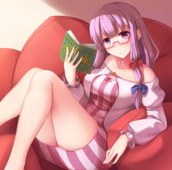 Rule 34 | 1girl, barefoot, bespectacled, blush, book, bow, breasts, glasses, hair ribbon, highres, holding, large breasts, long hair, nicoby, patchouli knowledge, purple eyes, purple hair, ribbon, sitting, thighs, touhou